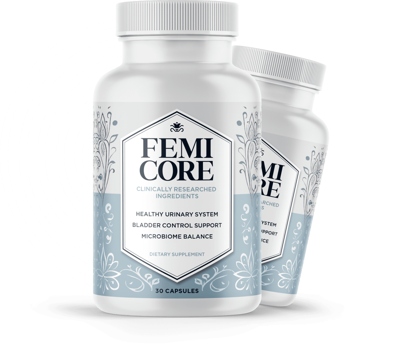 FemiCore dietary supplement — two bottles of 30 capsules for women’s urinary wellness