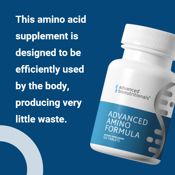 Three bottles of Advanced Amino Formula, an essential amino acid dietary supplement