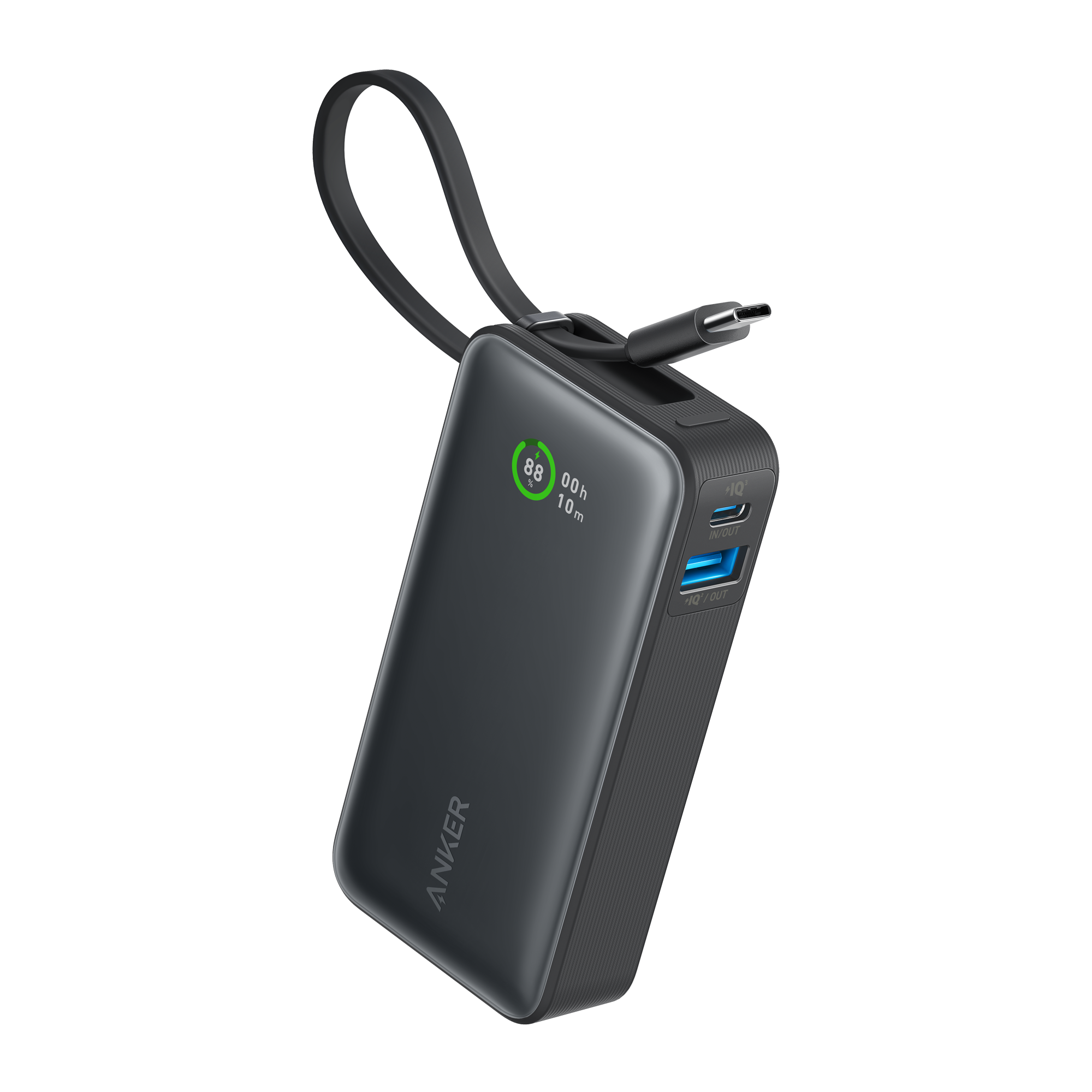 Anker Nano 10K 30W power bank with built-in USB-C cable and display